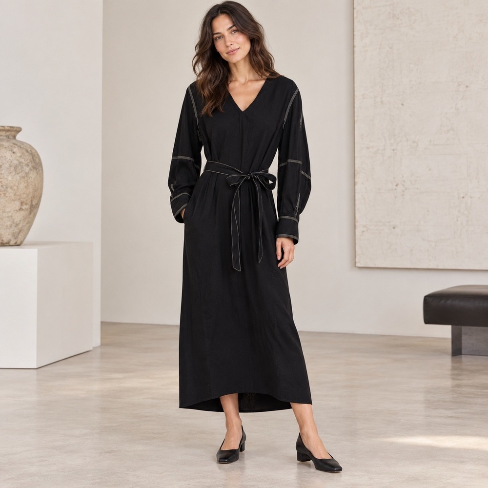 Maria McManus Engineered Sleeve Dress M Black Contrast Stitch Quiet Luxury NWT